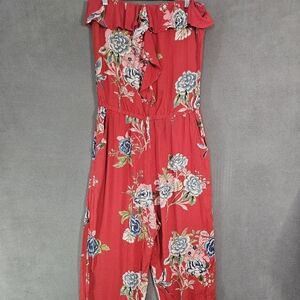 Vintage Y2K Angie Womens Large Jumpsuit Haulter Red Floral Boho Ruffles